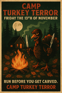Camp Turkey Terror: Night- Friday the 13th Deranged Turkey Trot: 5K. 10K. Half Marathon by Califlow Runs logo