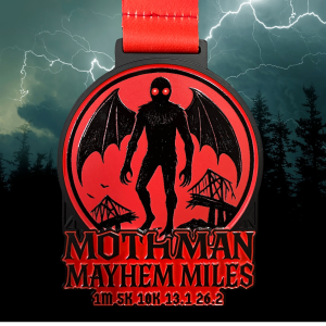 Mothman Mayhem Miles 1M 5K 10K 13.1 26.2 logo